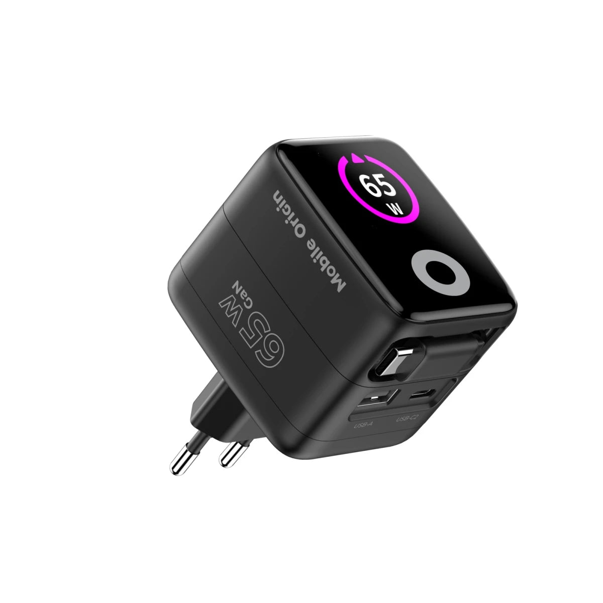 Mobile Origin 65W GaN Display Charger PW3 - USB-C Self-Retracting Cable + USB-C + USB-A