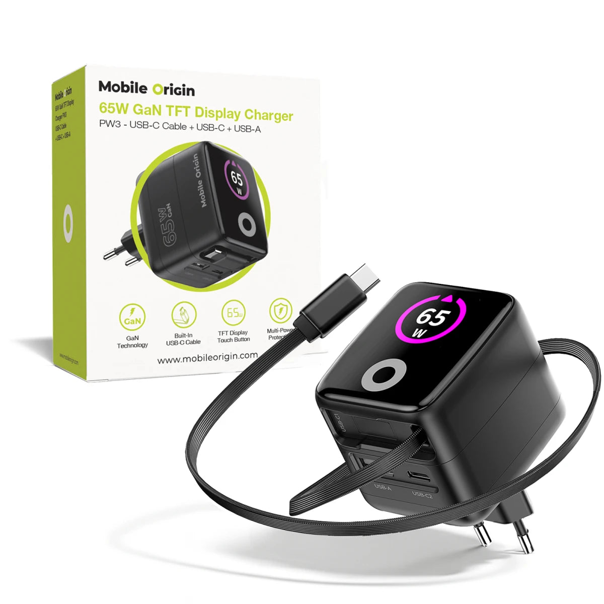 Mobile Origin 65W GaN Display Charger PW3 - USB-C Self-Retracting Cable + USB-C + USB-A