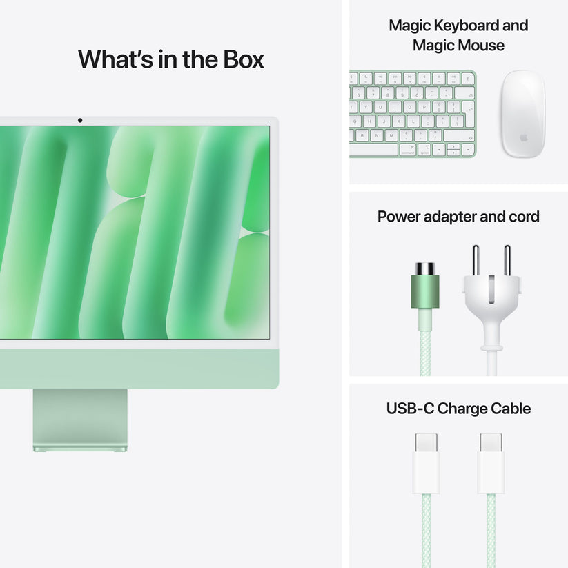 24 hüvelykes iMac Retina 4,5K kijelzővel: Apple M4 chip 8 magos CPU-val és 8 magos GPU-val, 512GB SSD, 16GB RAM, Magic Mouse, Magic Keyboard - nemzetközi angol - zöld CTO