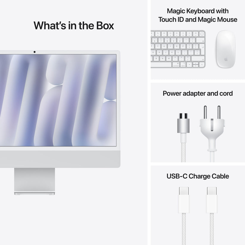 24 hüvelykes iMac Retina 4,5K kijelzővel: Apple M4 chip 10 magos CPU-val és 10 magos GPU-val, 2TB SSD, 16GB RAM, Nano-texturált üveg, Magic Trackpad, Magic Keyboard Touch ID-val - nemzetközi angol - ezüst CTO