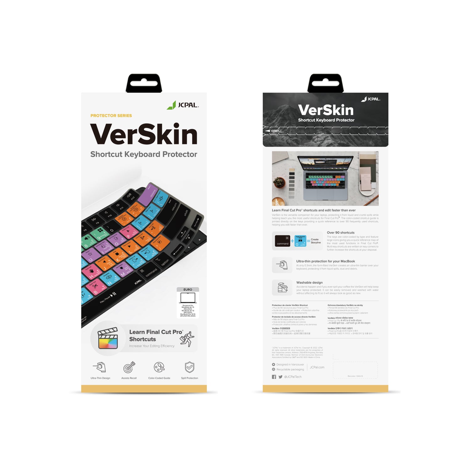 JCPal Verskin Final Cut Shortcuts Keyboard Cover (Transparent Black) for MacBook Air 13/15, MacBook Pro 14/16 (EU-Layout)