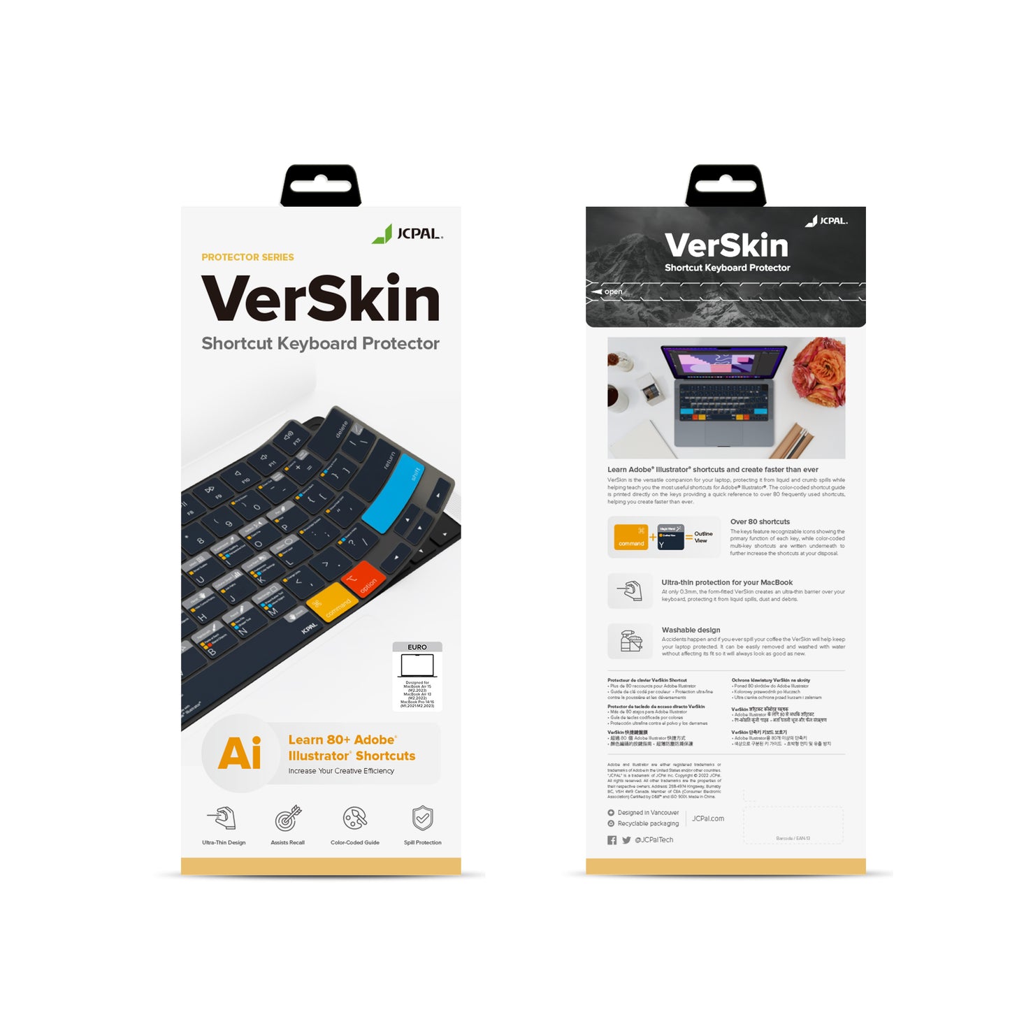 JCPal Verskin Illustrator Shortcuts Keyboard Cover (Transparent Black) for MacBook Air 13/15, MacBook Pro 14/16 (EU-Layout)
