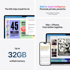 13 hüvelykes MacBook Air: Apple M5 chip 10 magos CPU-val és 10 magos GPU-val, 1TB SSD, 32GB RAM, Háttér-világítású Magic Keyboard Touch ID-val, 70 wattos USB‑C adapterrel – nemzetközi angol - éjfekete CTO