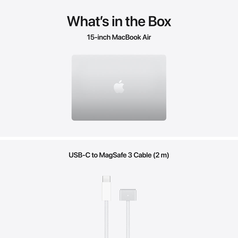 15 hüvelykes MacBook Air: Apple M5 chip 10 magos CPU-val és 10 magos GPU-val, 2TB SSD, 24GB RAM, Háttér-világítású Magic Keyboard Touch ID‑val, 70 wattos adapterrel – nemzetközi angol - ezüst CTO