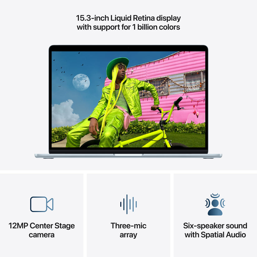15 hüvelykes MacBook Air: Apple M5 chip 10 magos CPU-val és 10 magos GPU-val, 2TB SSD, 24GB RAM, Háttér-világítású Magic Keyboard Touch ID‑val, 70 wattos adapterrel – nemzetközi angol - égkék CTO