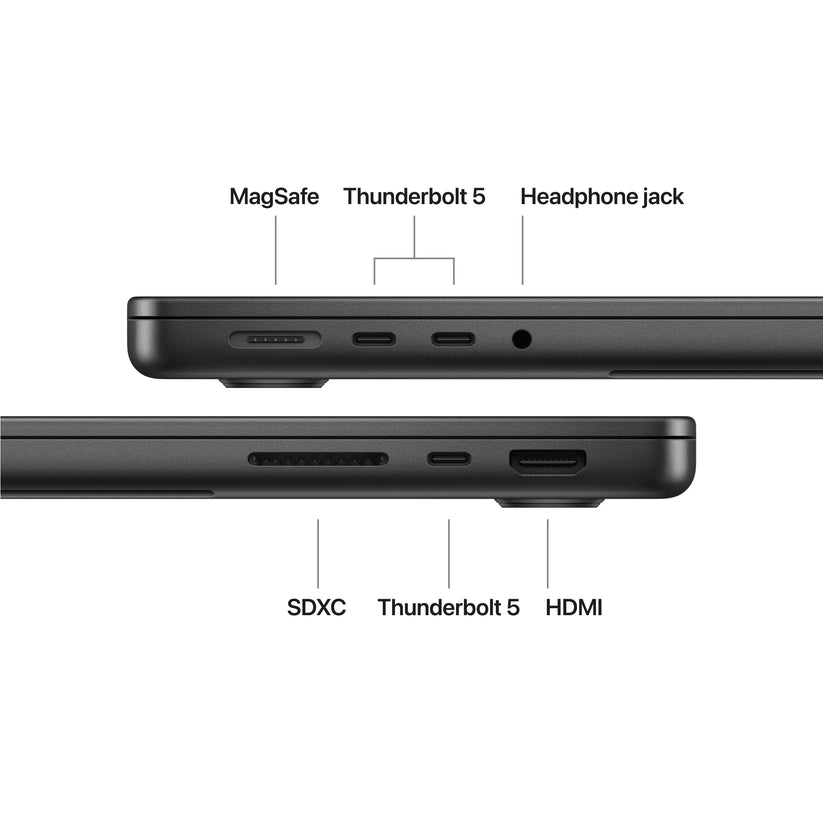 14 hüvelykes MacBook Pro: Apple M5 Pro chip 18 magos CPU-val és 20 magos GPU-val, 4TB SSD, 64GB RAM, Háttér-világítású Magic Keyboard Touch ID‑val – magyar - asztrofekete CTO