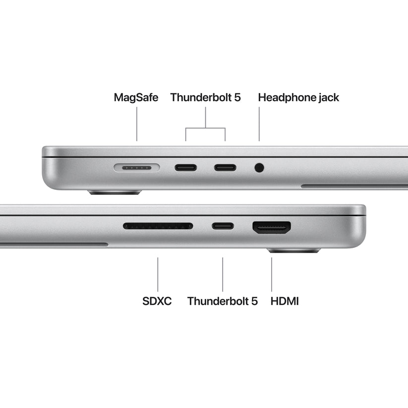16 hüvelykes MacBook Pro: Apple M5 Pro chip 18 magos CPU-val és 20 magos GPU-val, 24GB, 1TB SSD - ezüst