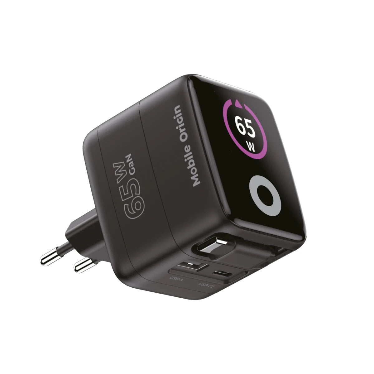 Mobile Origin 65W GaN Display Charger PW3 - USB-C Self-Retracting Cable + USB-C + USB-A