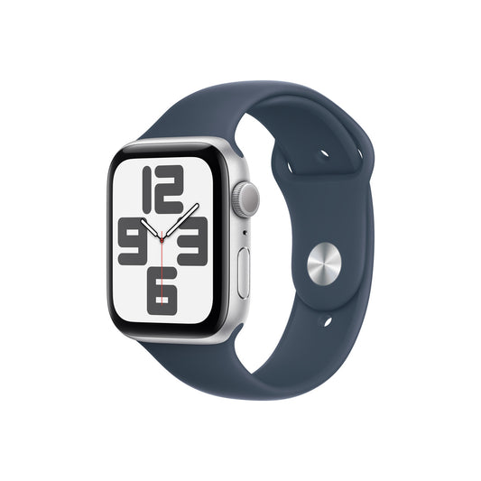 Apple Watch SE GPS – 44 mm-es ezüst alumíniumtok, viharkék sportszíj - M/L - iSTYLE HU
