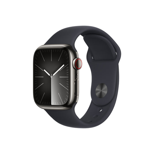 Apple Watch Series 9 GPS + Cellular – 41 mm-es grafitszínű rozsdamentesacél tok, éjfekete sportszíj - M/L - iSTYLE HU